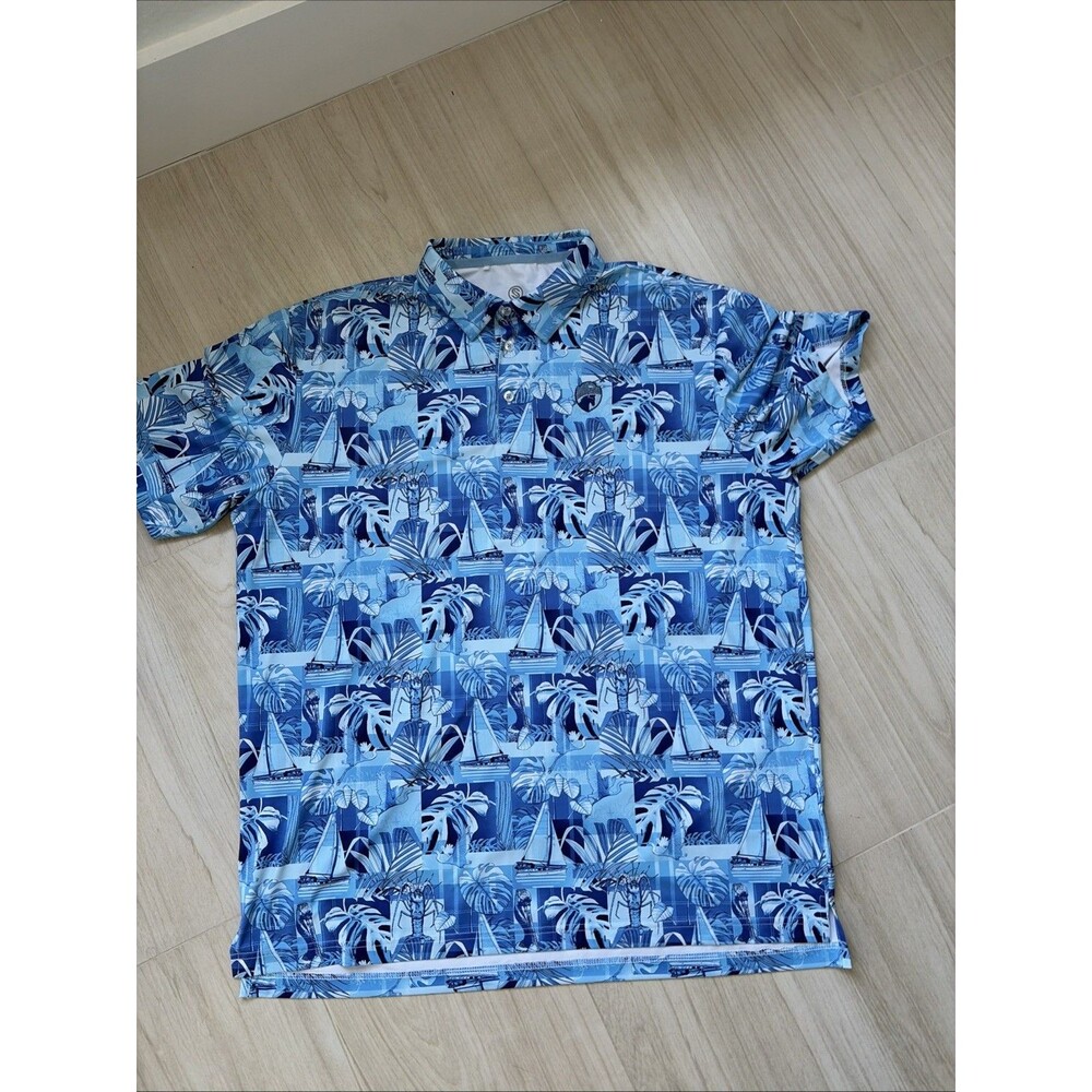 Scales Men’s Blue FL Living Tropical Print Polo Shirt XL